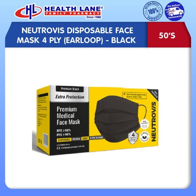NEUTROVIS DISPOSABLE FACE MASK 4 PLY 50'S (EARLOOP)- BLACK